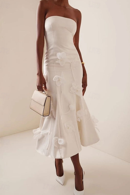 3D Floral Applique Sleeveless Midi Dress in White