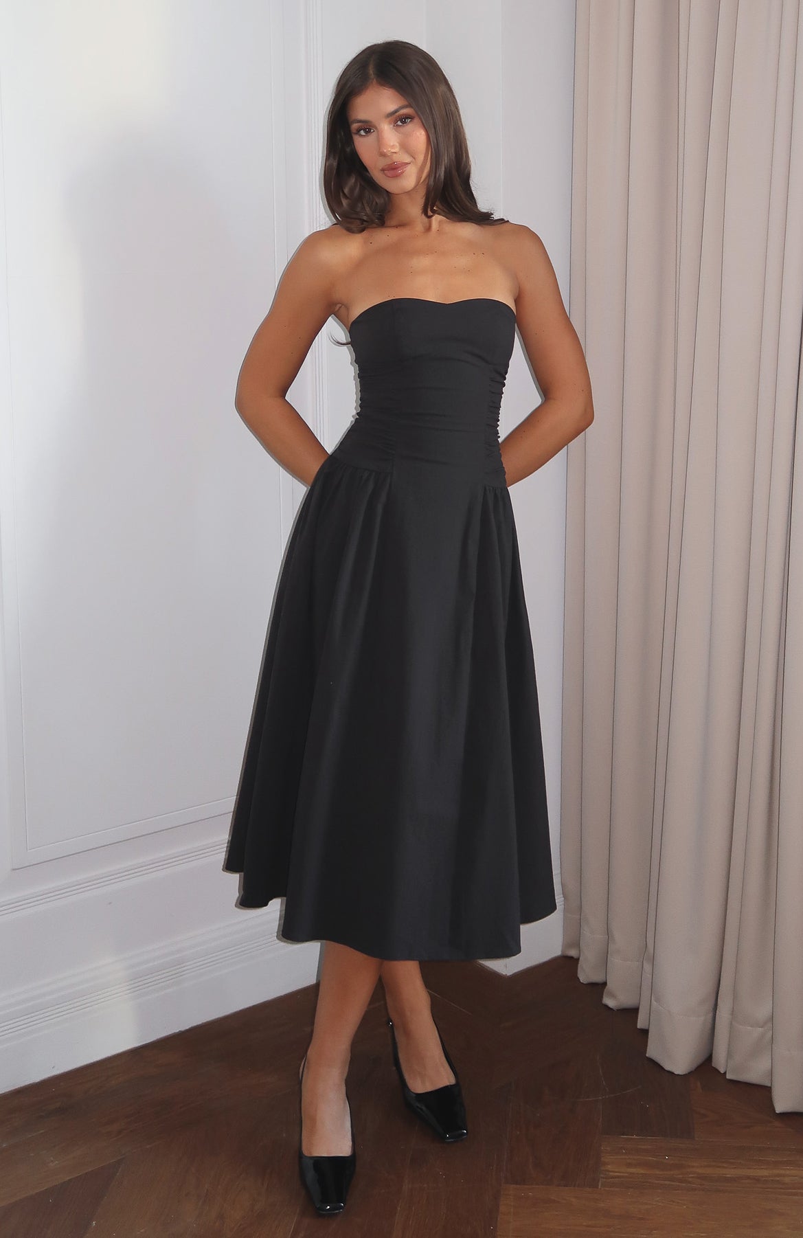 Sandra Strapless Midi Dress in Black Avalabel