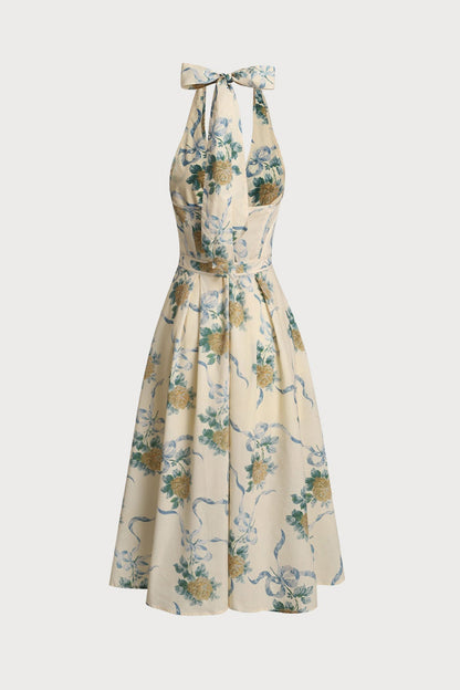 Deirdre Floral Print Deep V Neck Midi Dress in Yellow Avalabel