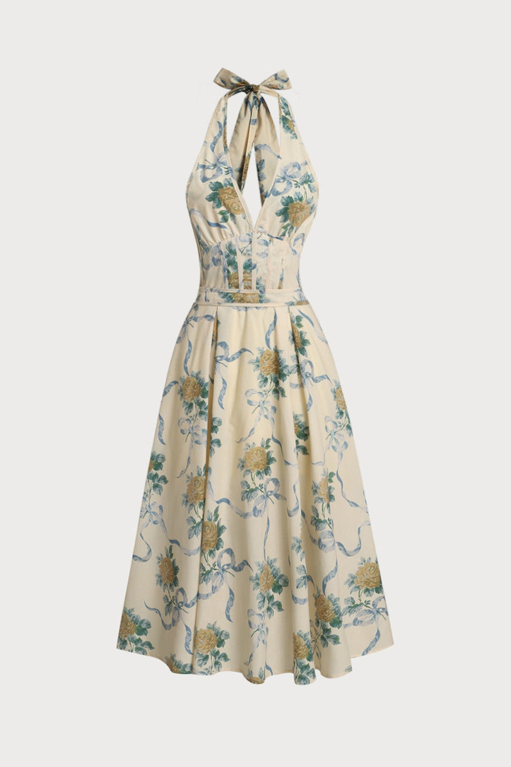 Deirdre Floral Print Deep V Neck Midi Dress in Yellow Avalabel