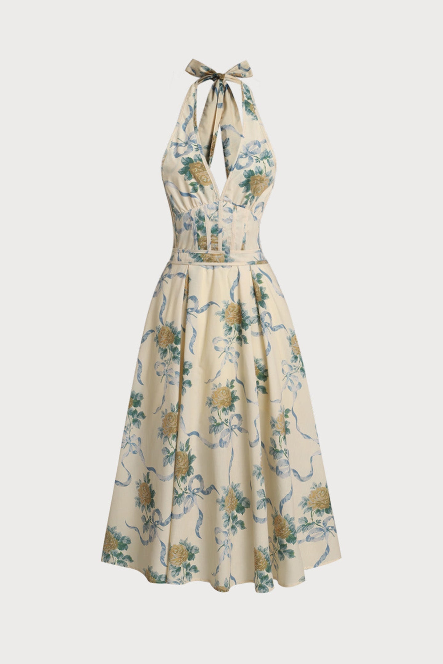 Deirdre Floral Print Deep V Neck Midi Dress in Yellow Avalabel