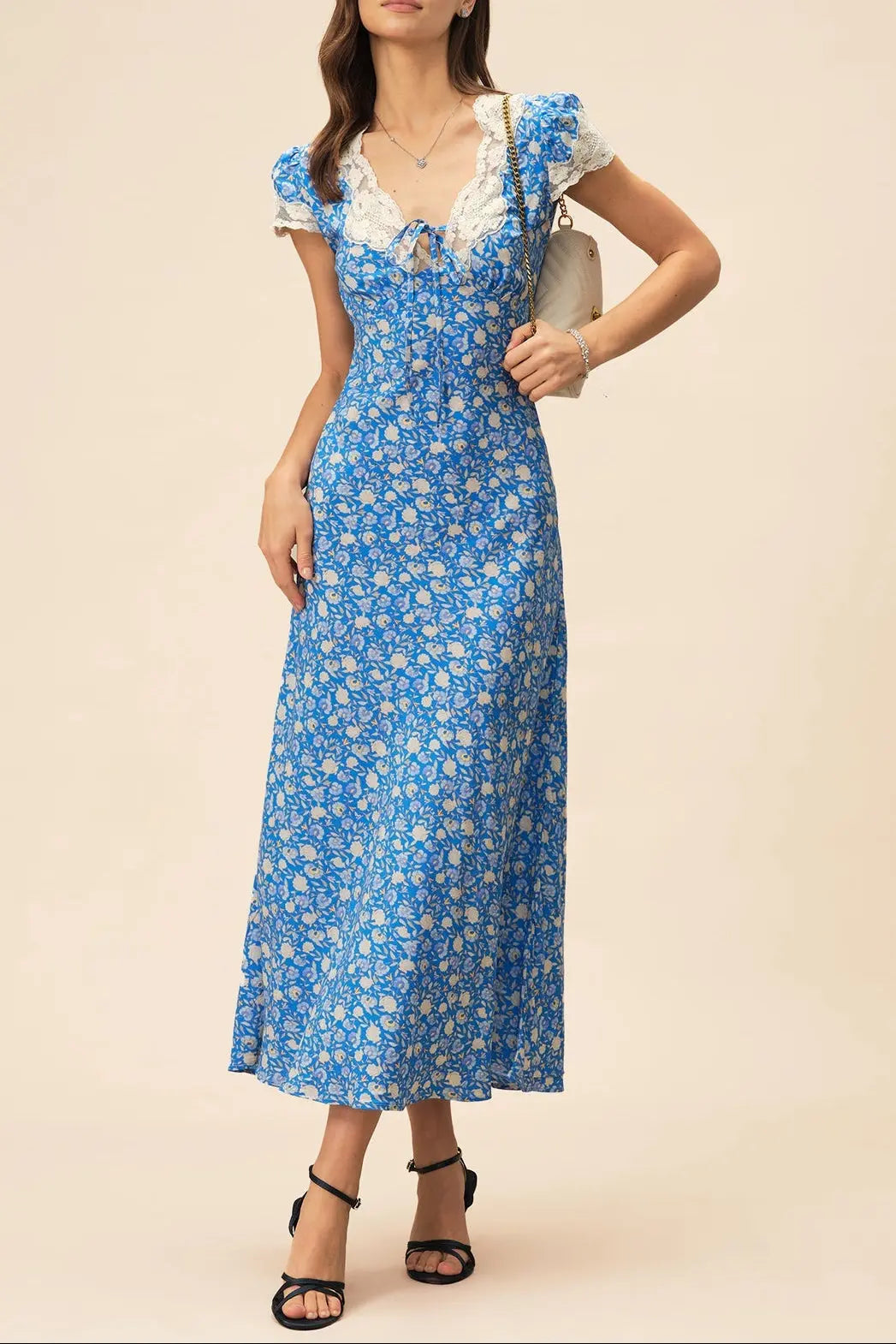 Lyuba Floral Printed Lace-Trimmed V-Neck Maxi Dress in Blue Avalabel