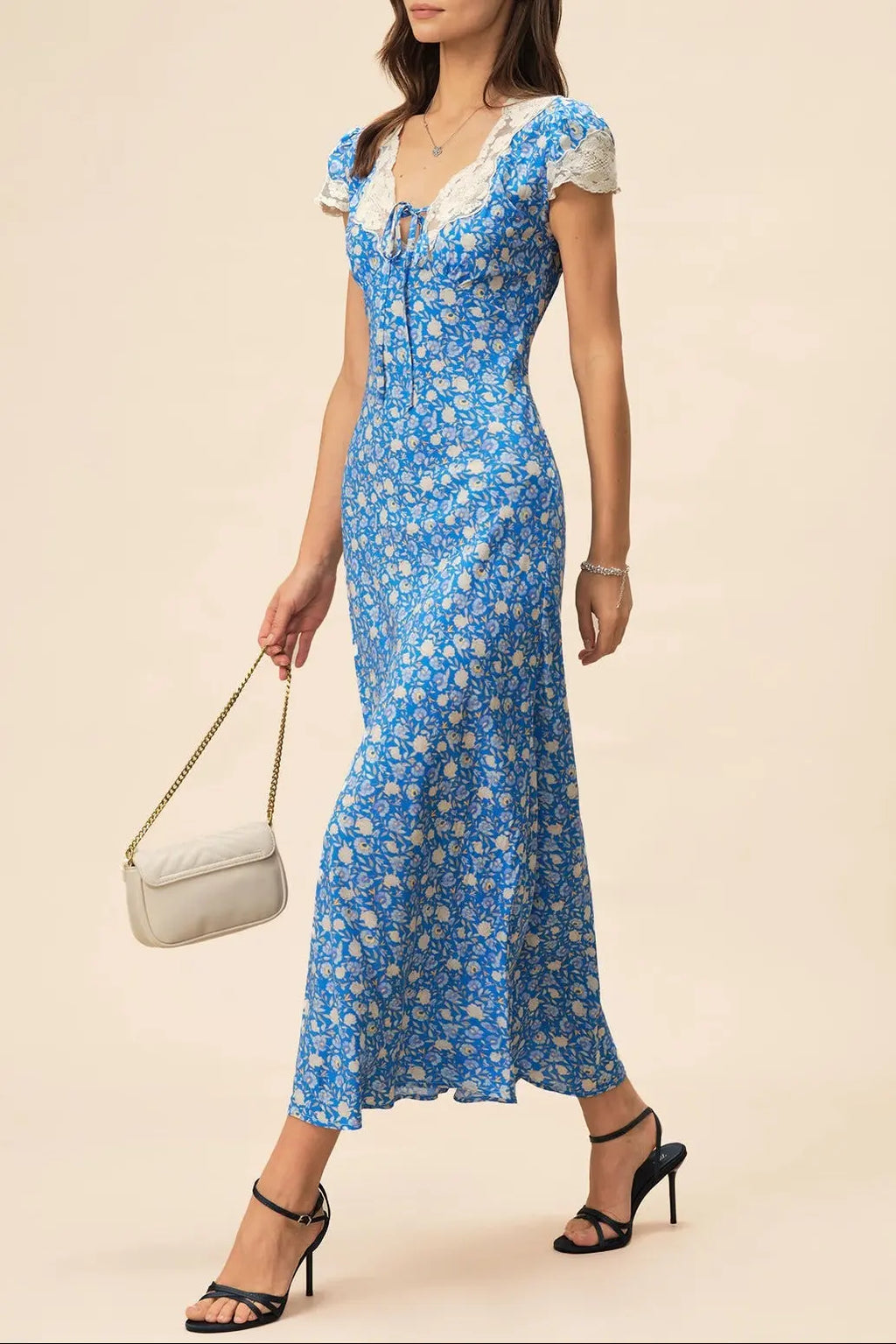 Lyuba Floral Printed Lace-Trimmed V-Neck Maxi Dress in Blue Avalabel