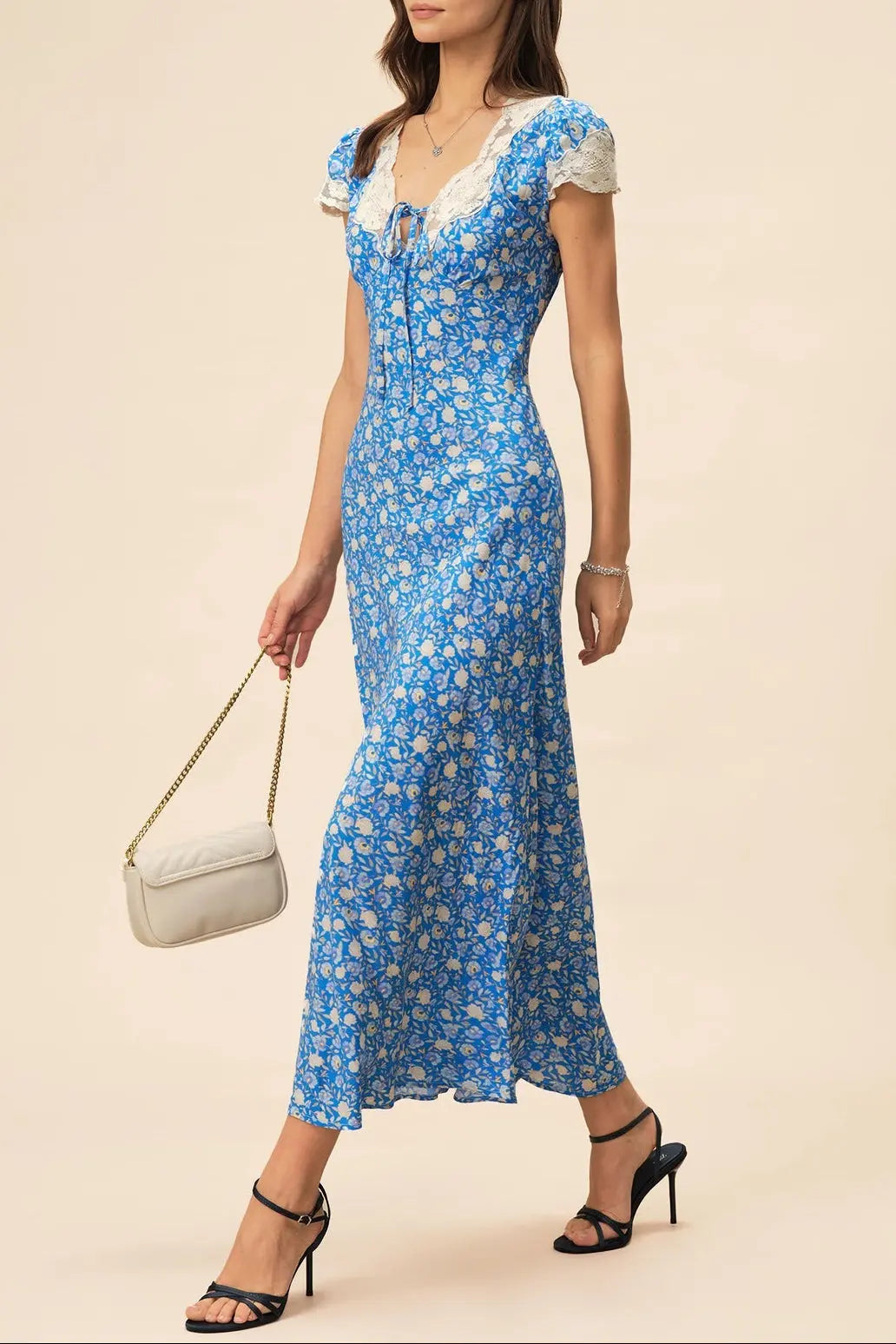 Lyuba Floral Printed Lace-Trimmed V-Neck Maxi Dress in Blue Avalabel