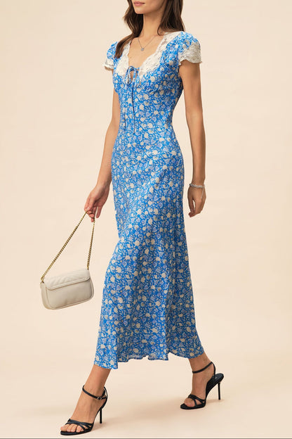Lyuba Floral Printed Lace-Trimmed V-Neck Maxi Dress in Blue