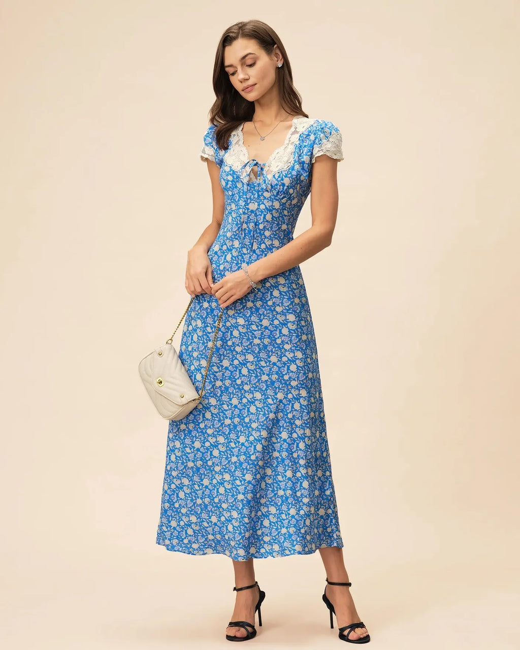 Lyuba Floral Printed Lace-Trimmed V-Neck Maxi Dress in Blue Avalabel