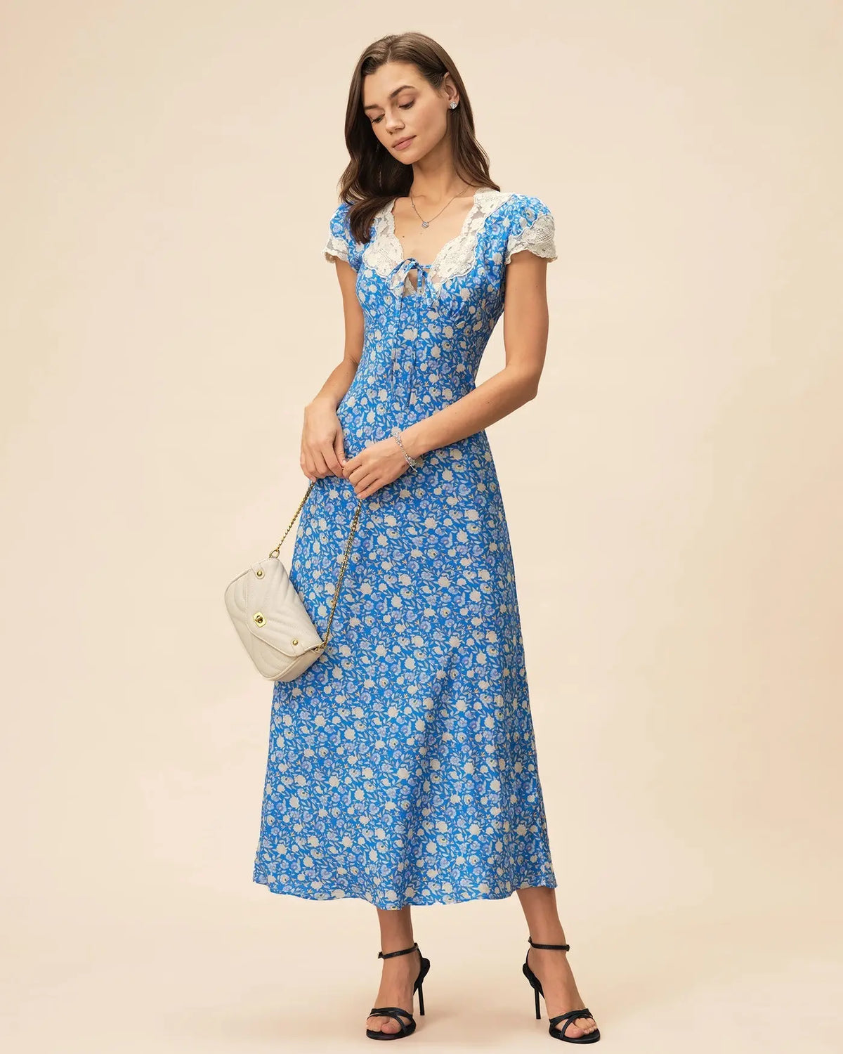 Lyuba Floral Printed Lace-Trimmed V-Neck Maxi Dress in Blue Avalabel