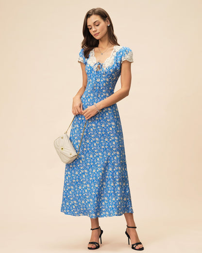 Lyuba Floral Printed Lace-Trimmed V-Neck Maxi Dress in Blue