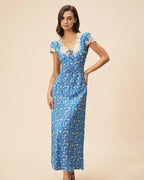 Lyuba Floral Printed Lace-Trimmed V-Neck Maxi Dress in Blue Avalabel
