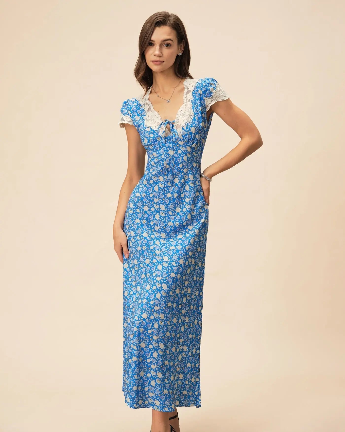 Lyuba Floral Printed Lace-Trimmed V-Neck Maxi Dress in Blue Avalabel