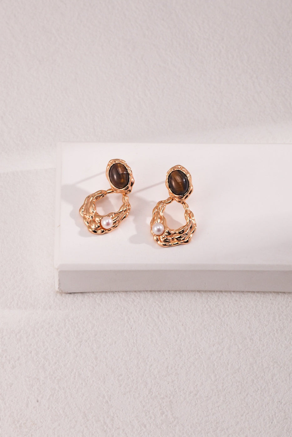 Tiger Eye Stone Pearl Irregular Wavy Hollow Gold Drop Earrings Avalabel