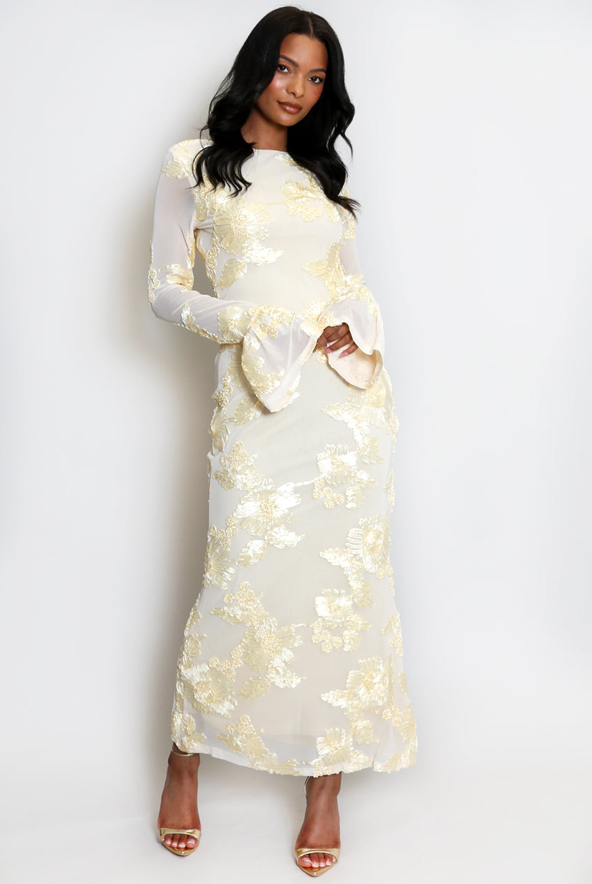 Floral Lace Lined Flute Cuffs Midi Dress Soraya