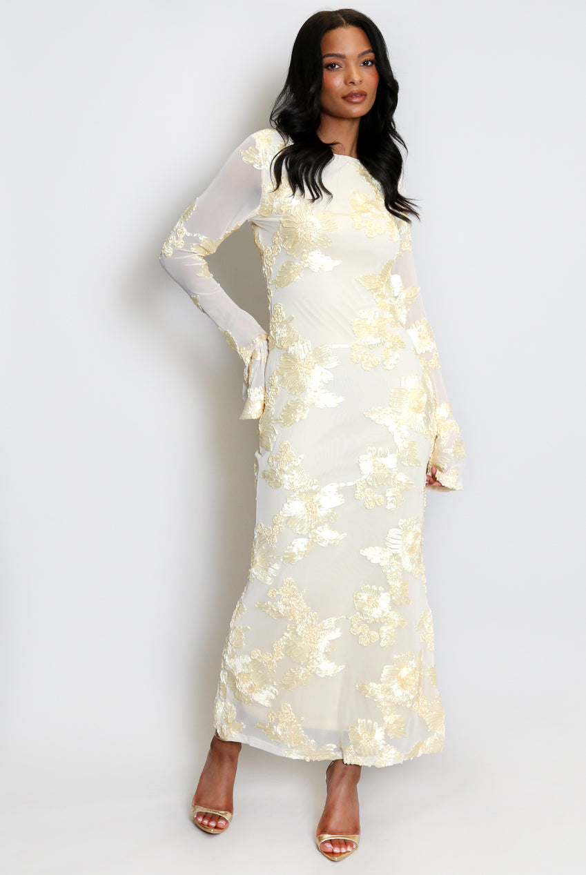 Floral Lace Lined Flute Cuffs Midi Dress Soraya