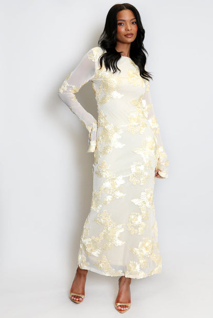 Floral Lace Lined Flute Cuffs Midi Dress