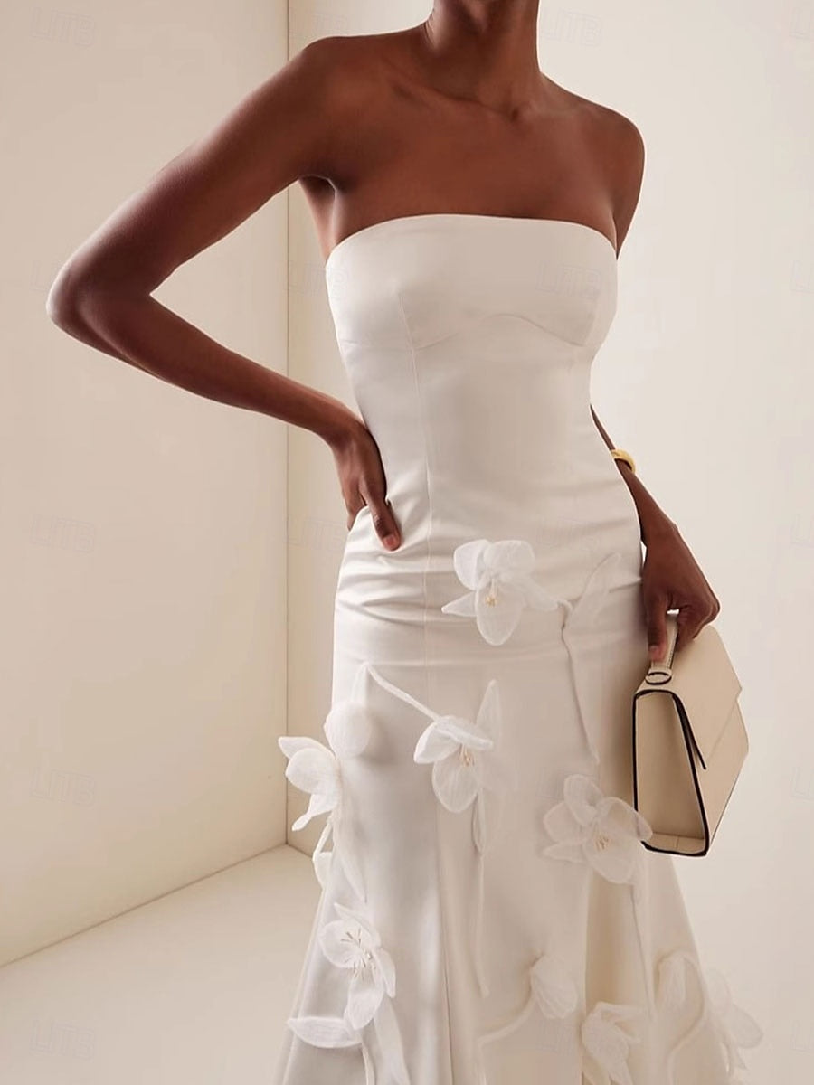 3D Floral Applique Sleeveless Midi Dress in White Avalabel