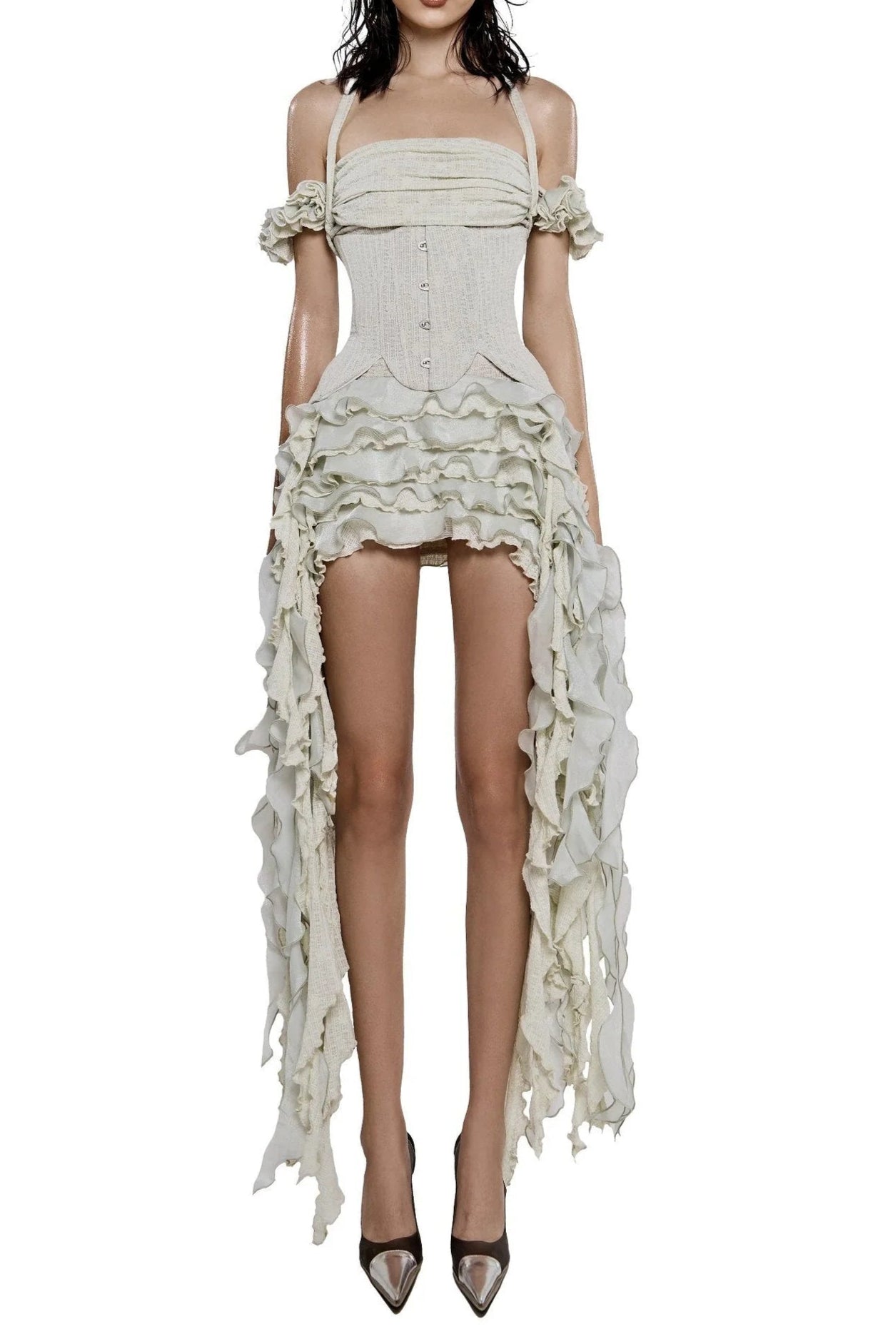 Elva Halter Three-Dimensional Flower Irregular Tassel Mini Dress in Beige Avalabel