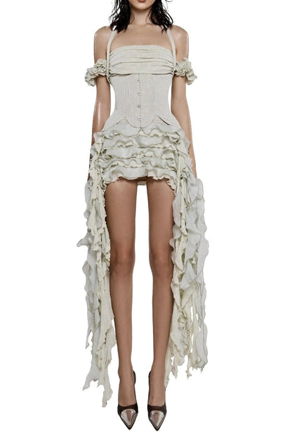 Elva Halter Three-Dimensional Flower Irregular Tassel Mini Dress in Beige