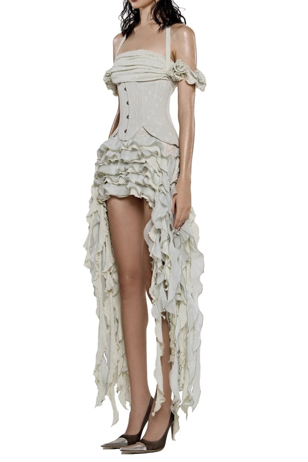 Elva Halter Three-Dimensional Flower Irregular Tassel Mini Dress in Beige Avalabel