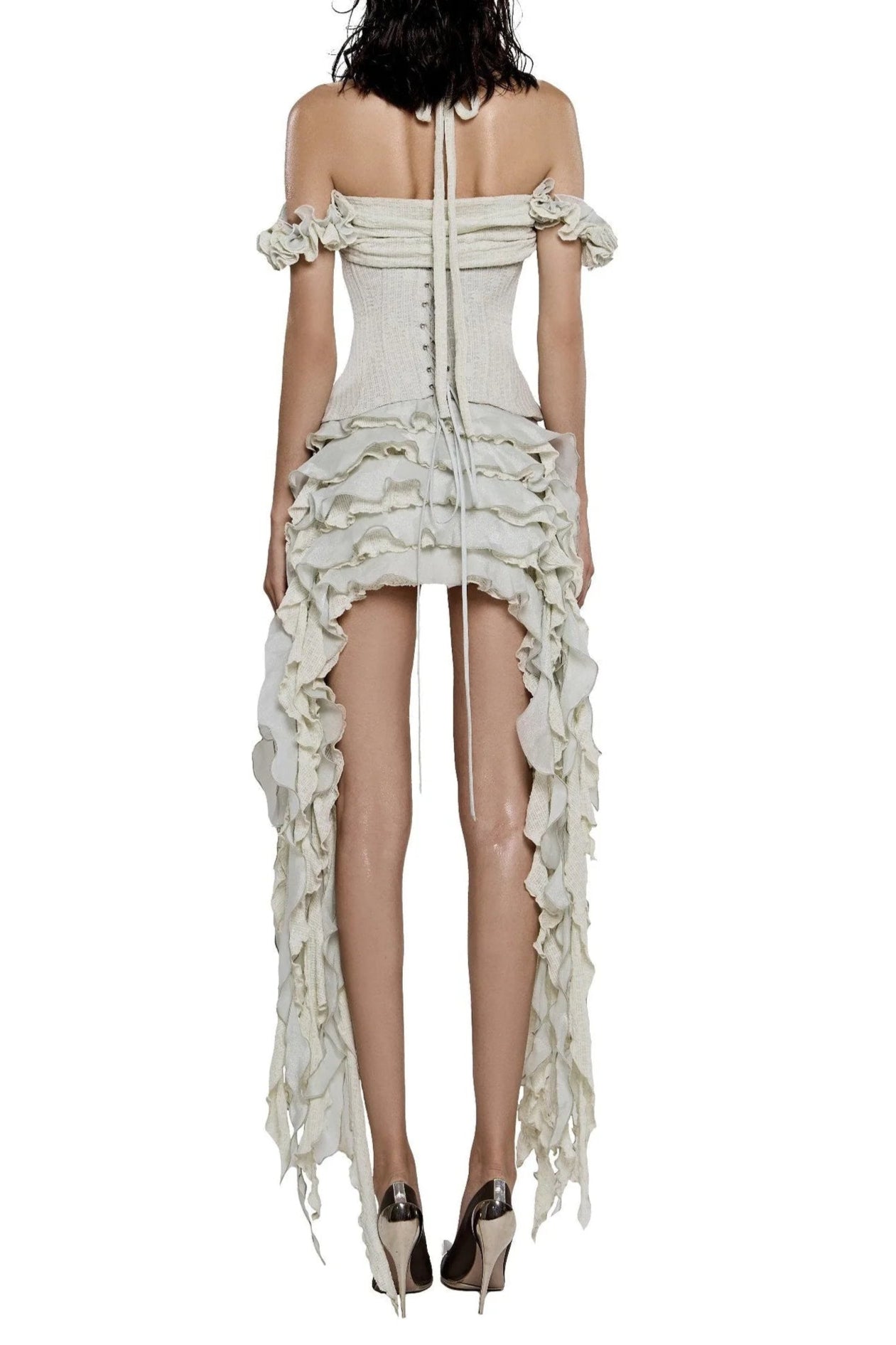 Elva Halter Three-Dimensional Flower Irregular Tassel Mini Dress in Beige Avalabel