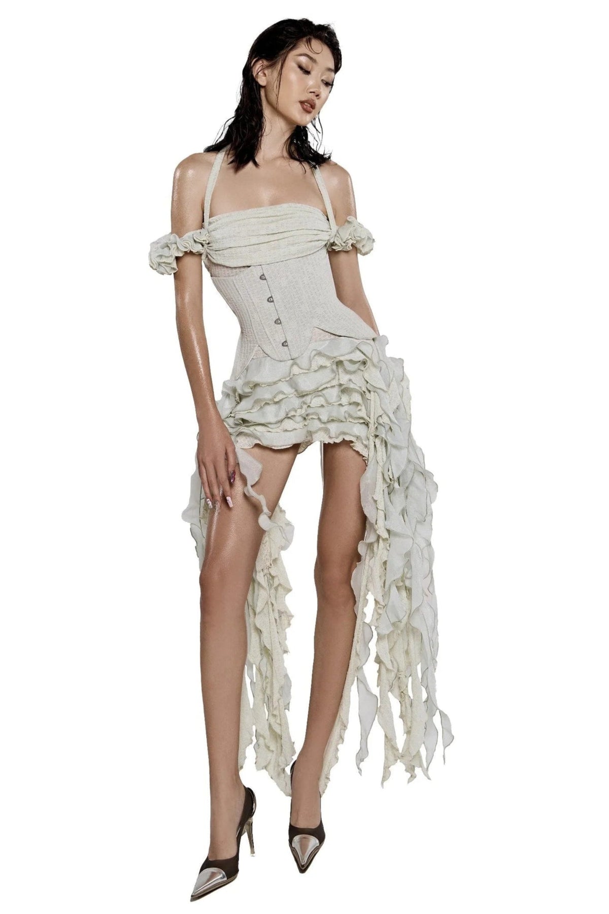 Elva Halter Three-Dimensional Flower Irregular Tassel Mini Dress in Beige Avalabel