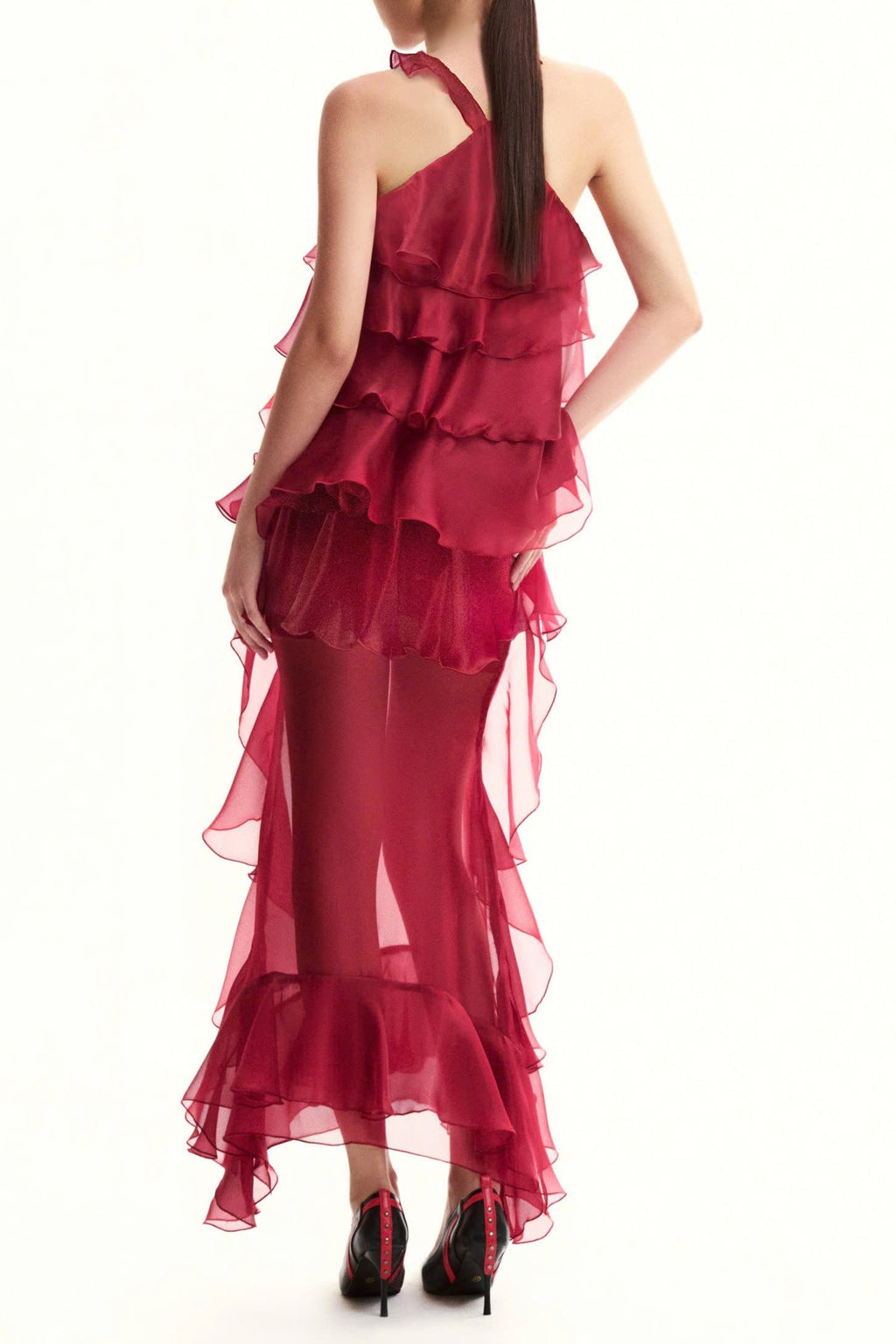 Bedelia Floral Halter Chiffon Ruffle Midi Dress Avalabel