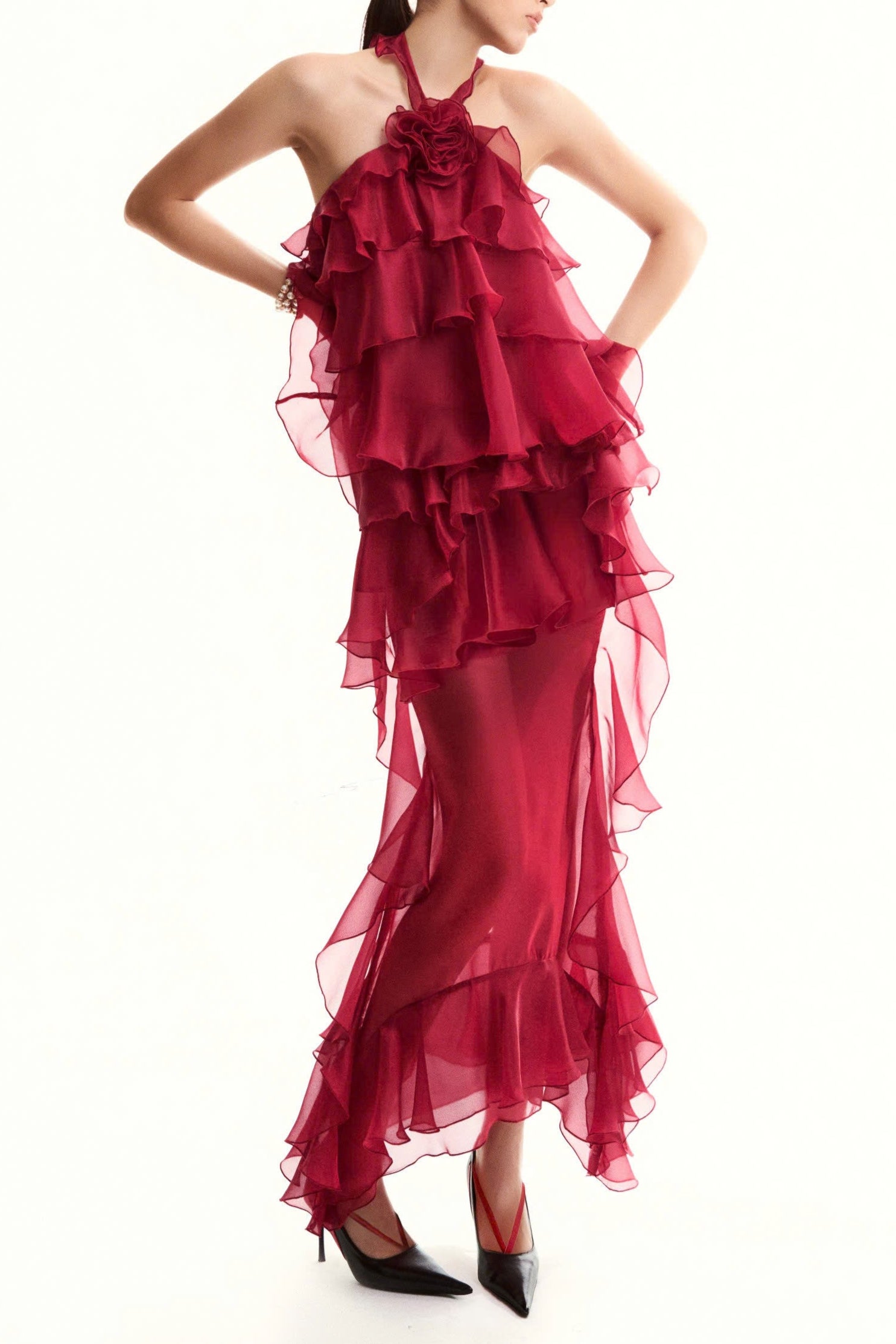 Bedelia Floral Halter Chiffon Ruffle Midi Dress Avalabel