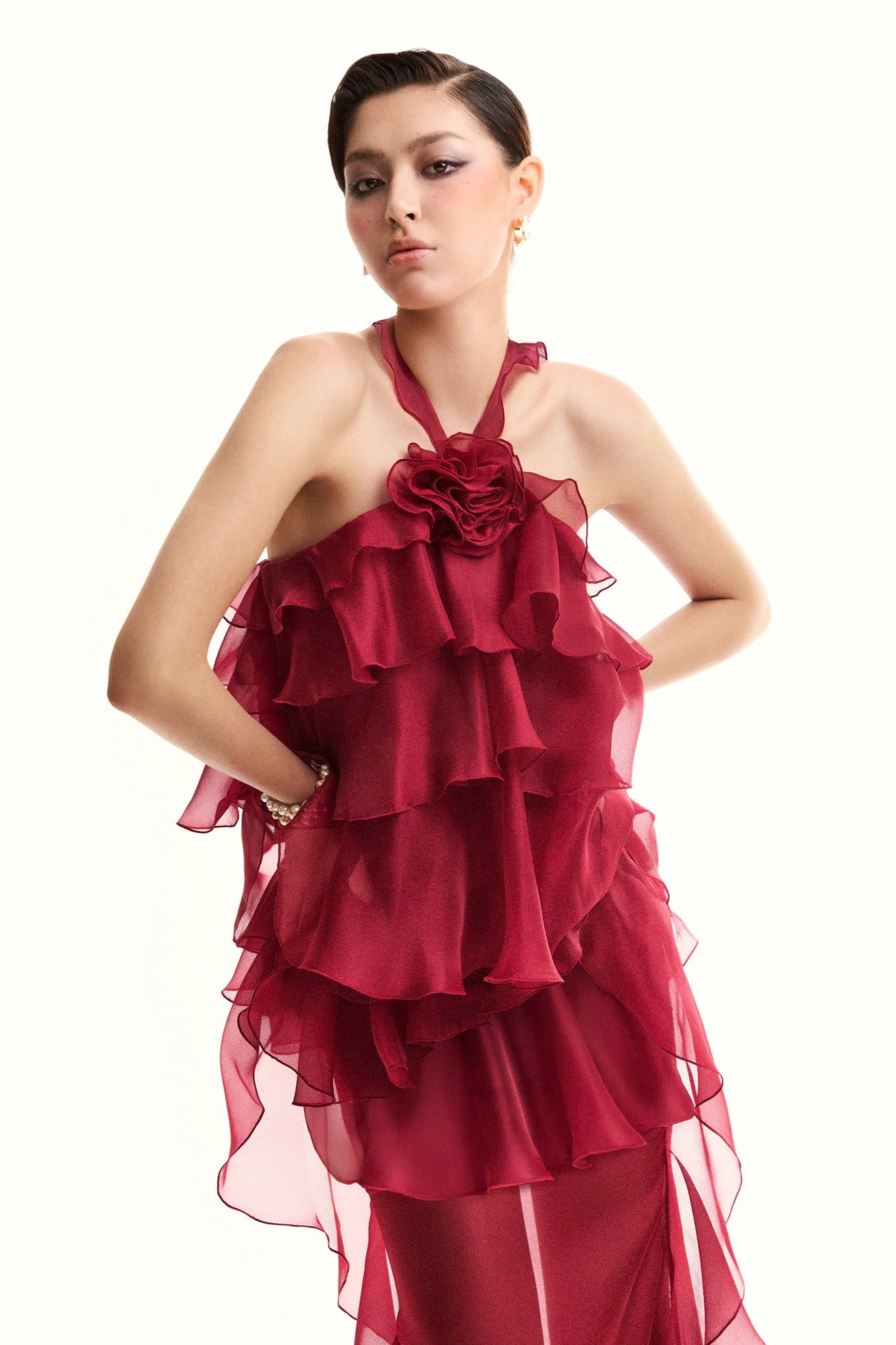 Bedelia Floral Halter Chiffon Ruffle Midi Dress Avalabel