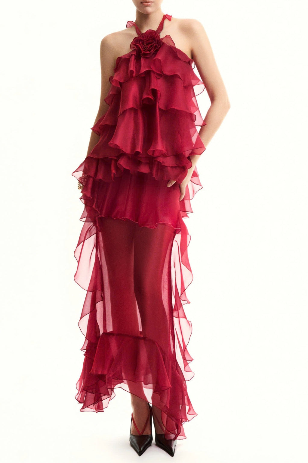 Bedelia Floral Halter Chiffon Ruffle Midi Dress Avalabel