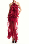 Bedelia Floral Halter Chiffon Ruffle Midi Dress Avalabel