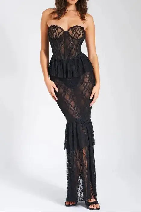 Zen Black Lace Corset Maxi Dress Avalabel